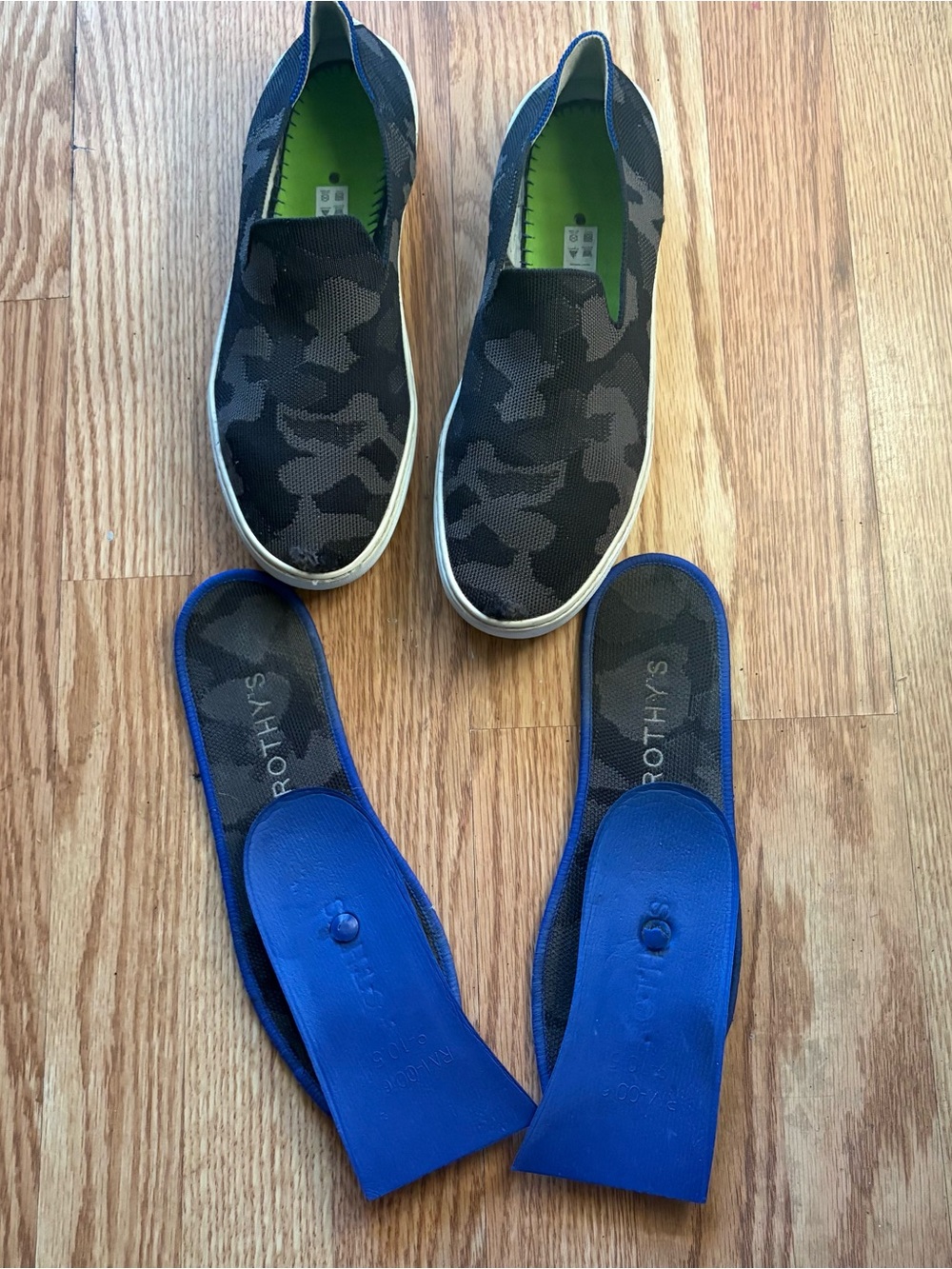 Rothy's Slip-On Sneakers with Camouflage Knit and Blue Insoles Size 10